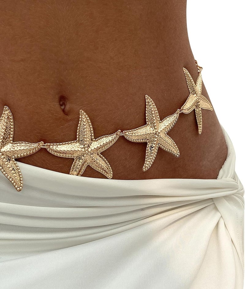 WFik Gold Big Starfish Waist Chain Belt Bikini Body Chains Jewelry Summer Beach Boho Silver Starfish Waist Belly Chain Adjustable Metal Link Belly Belt for Women - Image 2